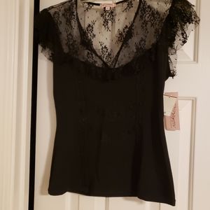Ladies Black V-Neck with Lace Black Top Large